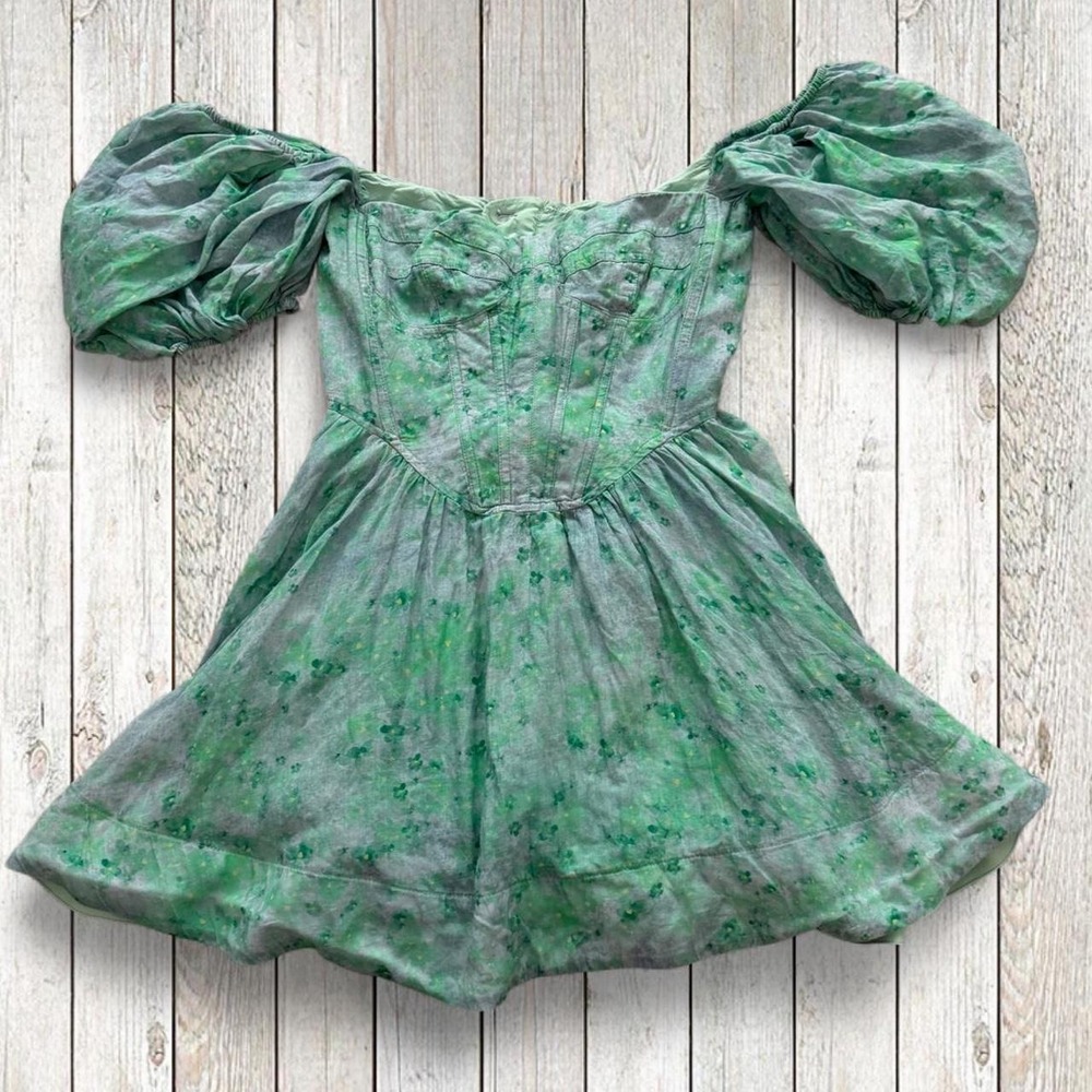 Bardot Womens Kiah Corset Mini Dress Green Floral Puff Sleeve Ramie US 4